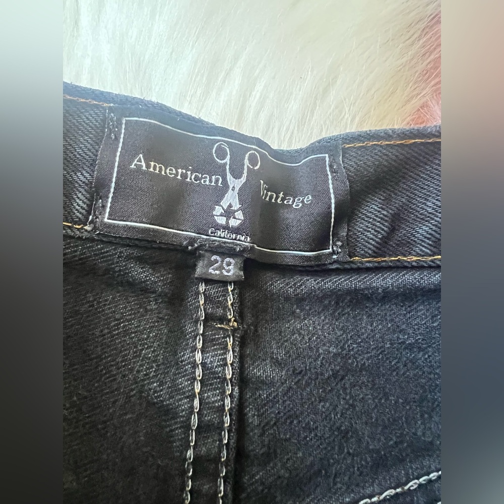 American Vintage Black Distressed Denim Shorts, Black-and-White Checkered Trim - Picture 6 of 10
